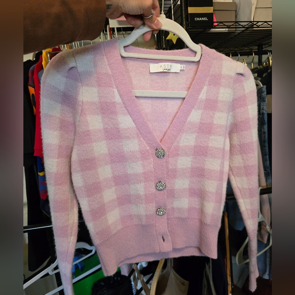 ASTR The Label Pink Plaid Cardigan